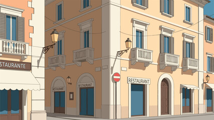 Obraz premium Charming european street with classic architecture in flat design style