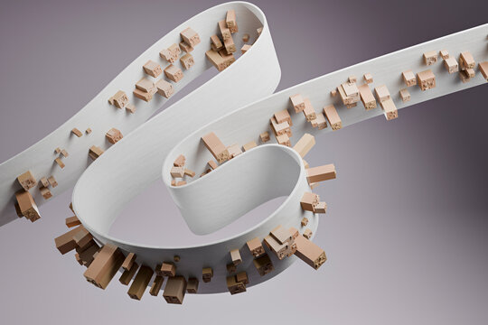 3D abstract ribbon architecture with scattered block mass