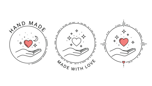 Collection of three circular logos for handmade products featuring hands and hearts with the phrases hand made and made with love.
