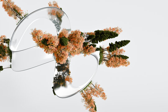 3D autumn ribbon forest with floating grove and reflection