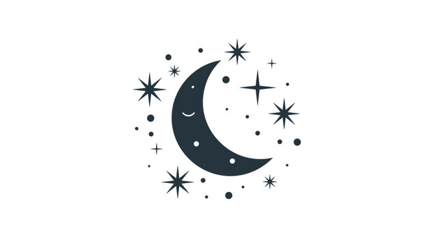 Charming illustration of a crescent moon with a smiling face surrounded by twinkling stars and dots in a whimsical celestial theme.