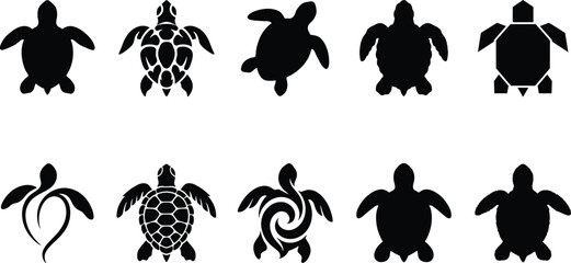 Sea turtle silhouette vector collection featuring marine wildlife icons in geometric, tribal and decorative styles, ocean animal illustrations isolated on white background for logo design