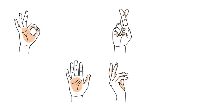 Set of four diverse hand gestures including the okay sign, crossed fingers for luck, an open palm, and a graceful mudra pose on white.