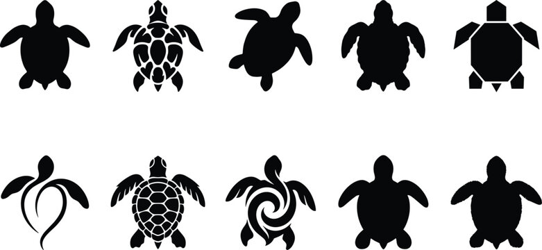 Sea turtle silhouette vector collection featuring marine wildlife icons in geometric, tribal and decorative styles, ocean animal illustrations isolated on white background for logo design