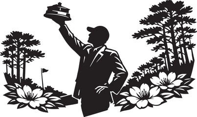 Silhouette of green jacket winner raising trophy amid pine trees and magnolia flowers, triumphant side profile pose, clean stroke lines. © Hasher