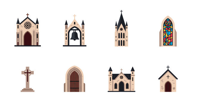 Flat style church and cathedral icon set with stained glass and bell tower