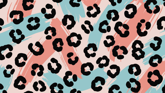 Modern seamless animal print pattern with black leopard spots over colorful brush strokes in pink, peach, and teal on a light background.