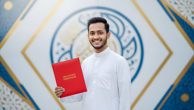 A man in traditional white attire holding a red book in front of a geometric patterned wall with Arabic calligraphy.