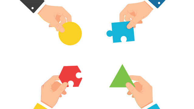 Cooperation concept featuring four hands holding different colorful puzzle pieces in the shapes of a circle, square, pentagon, and triangle.