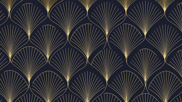 Intricate art deco seamless pattern featuring detailed golden fan shapes and radiating lines on a dark navy blue background.