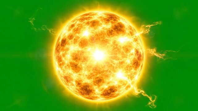 Bright illustration of the sun emitting flares of energy against a vibrant green background, natural solar activity