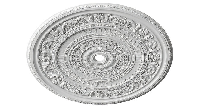 ornate ceiling medallion isolated on white background, decorative plaster rosette architecture element, classical interior ornament design, vintage decorative pattern