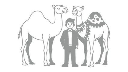 Man with Camels: A man stands confidently between two majestic camels, exuding a sense of companionship and admiration for these iconic desert creatures.  © AJM