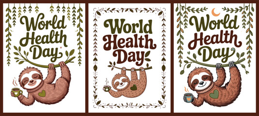 Fototapeta premium World Health Day Sloth with Leaves and Wellness Designs