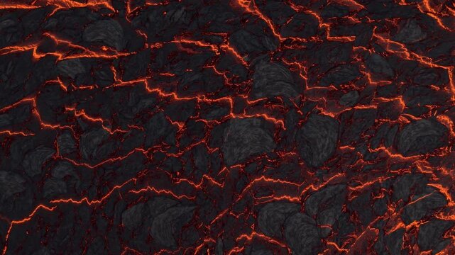 Aerial view of a dramatic lava field with glowing orange cracks weaving through the dark, textured volcanic rock, Grindavik, Grindavikurbaer, Iceland.