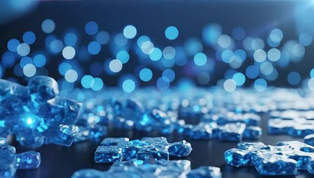 Abstract blue glowing puzzle pieces falling and connecting, symbolizing problem-solving and innovation.