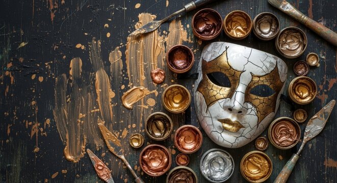 Artistic Painted Mask with Colorful Paints and Brushes.