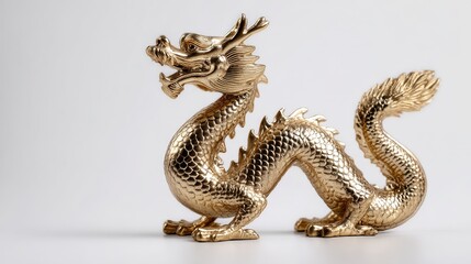 Fototapeta premium Gold dragon statue with glossy finish displayed on a clean white backdrop