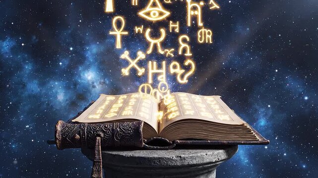 Ancient Magical Book Revealing Glowing Golden Symbols of Myths and Religions in a Starry Cosmos