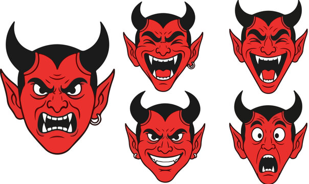 Set of 6 Red Devil Head Vector Illustrations with Various Angry, Laughing, and Screaming Facial Expressions for Halloween and Mascot Designs