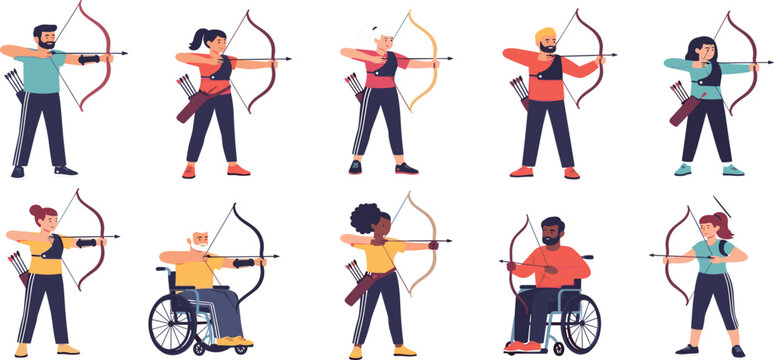 Diverse Archery People Character Set with Male Female and Disabled Archers Holding Bows and Arrows in Flat Cartoon Style for Sports Illustration