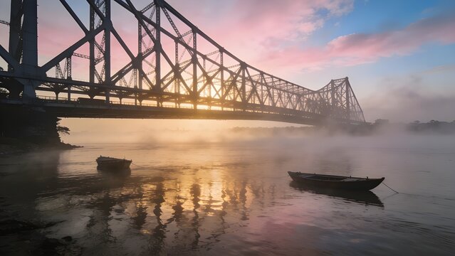 Iconic Howrah Bridge Dawn Fog Hooghly River Kolkata India Steel Architecture Riverside Landscape