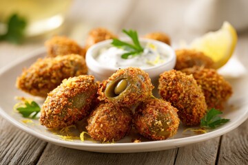 Gourmet olive appetizer: fried olives with almond crunch and creamy sauce