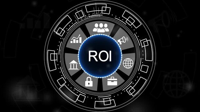 ROI Animated payroll process illustration featuring, and business insights from large data sets.Money Symbol Shower for Finance, Wealth, and Business Concepts. .4k Animation.