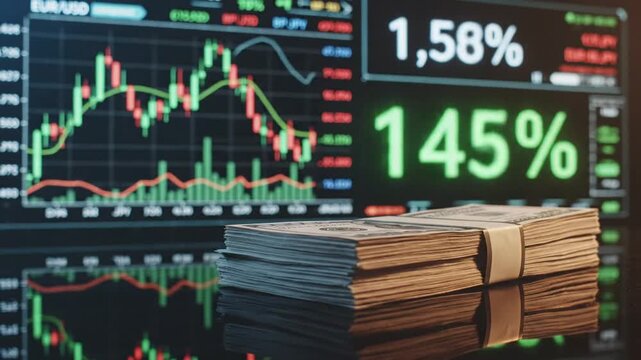 American US dollar currency bills scattered over digital stock market background showing fluctuating financial exchange rates and economic growth charts in a high resolution 4K motion sequence.