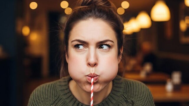 Funny Woman Pouting with Cheeks Full of Drink Through Straw in Cozy Cafe
