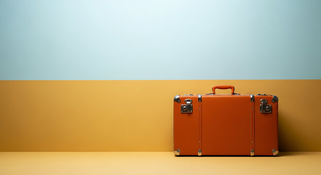 vintage orange suitcase on colorful background