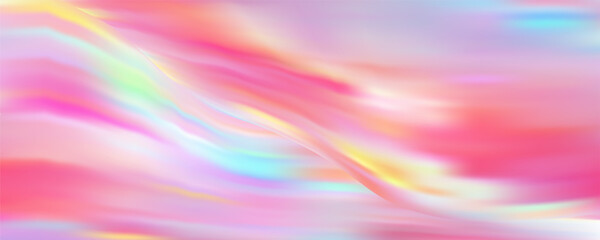 Obraz premium Pink holographic background with 3D waves and iridescent gradient texture creates an abstract futuristic design with soft pastel colors and pearlescent light effects. Vector illustration.