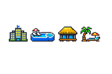 Naklejka premium Pixel art travel icons showing a hotel building, swimming pool with umbrella, tropical bungalow hut, and palm tree beach lounger in colorful retro style
