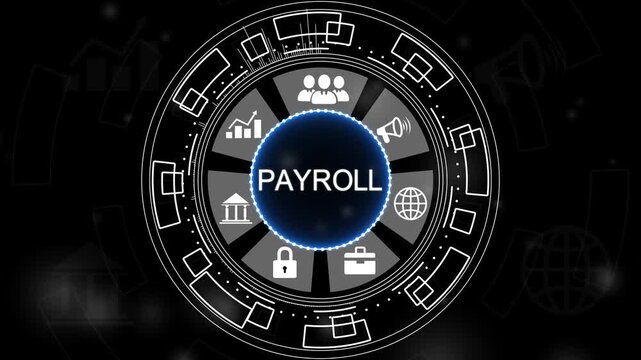 Animated payroll process illustration featuring, and business insights from large data sets.Money Symbol Shower for Finance, Wealth, and Business Concepts. .4k Animation.