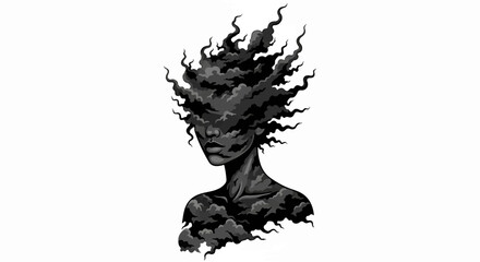 Abstract monochrome portrait of a woman formed from swirling clouds and shadows