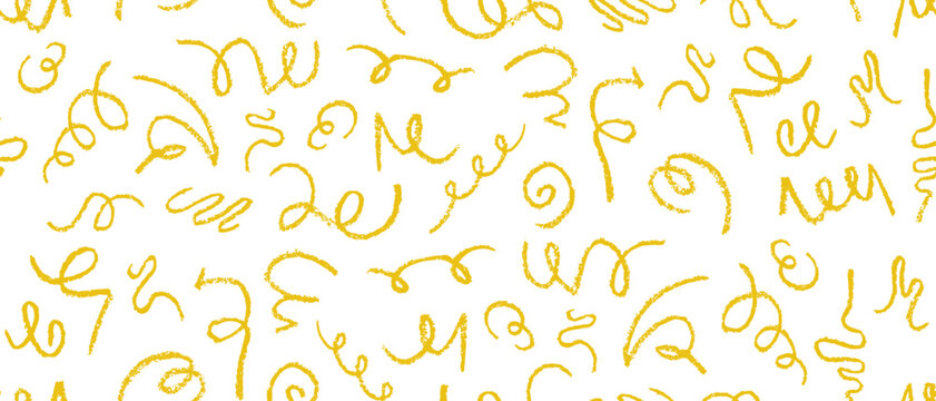 Fun pasta seamless pattern with doodles, scribble shapes with chalk, charcoal texture. Hand drawn funky squiggle lines in crayon style. Simple spaghetti or noodle playful print. Vector illustration