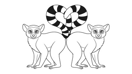 Ring-Tailed Lemurs in Love: Two ring-tailed lemurs, connected by a heart-shaped tail, symbolize affection and companionship in a whimsical black and white illustration.  © Ajhar234