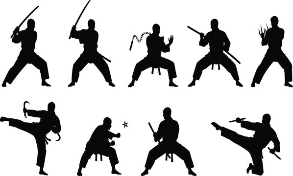 Martial Arts Warriors Silhouettes Collection Featuring Sword and Staff Combat Poses Isolated on White Background for Design