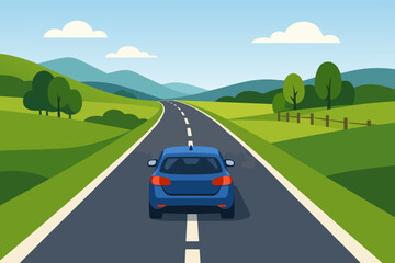 Blue car driving on open road through green landscape
