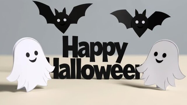 Happy Halloween text greeting animation with cute paper cutout ghosts and bats appearing