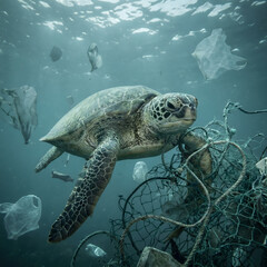 Fototapeta premium Sea turtle entangled in plastic fishing net underwater with floating trash