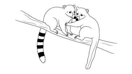 Lemurs on a Branch: A tender moment unfolds as two lemurs, with their distinctive striped tails and endearing expressions, share a moment of connection while perched on a tree branch. © mahmuda428