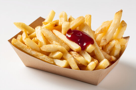 Pommes frites mit Ketchup in Pappschale isoliert auf wei&szlig;em Hintergrund