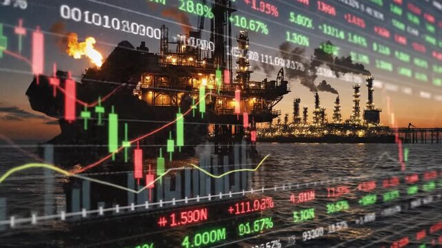 Double exposure of financial stock market trading chart overlaying an industrial offshore oil rig platform in the gulf and large energy refinery plant background for global petroleum economy.