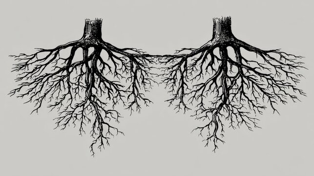 Detailed depiction of two opposing tree root systems rendered in a classic etching style
