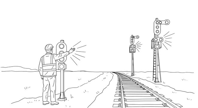 Railway worker operating signal on remote train track line