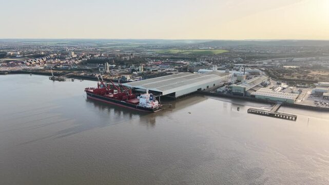 Ship Loading on River Thames Gravesend Kent UK drone,aerial high angle