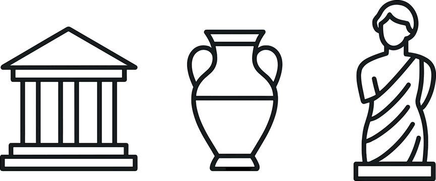 Ancient greece icons: temple, vase, sculpture in minimalist line art on dark background