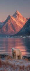 Wild and free: nature's contrast in greenland's rugged wilderness. Visual poster. Luminous arctic: polar bear against a spectacular red cliffs vista. Film poster. Drama poster.