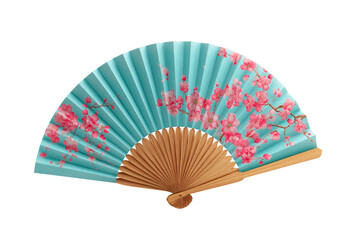 Elegant spring themed folding paper fan with botanical artwork isolated on transparent background